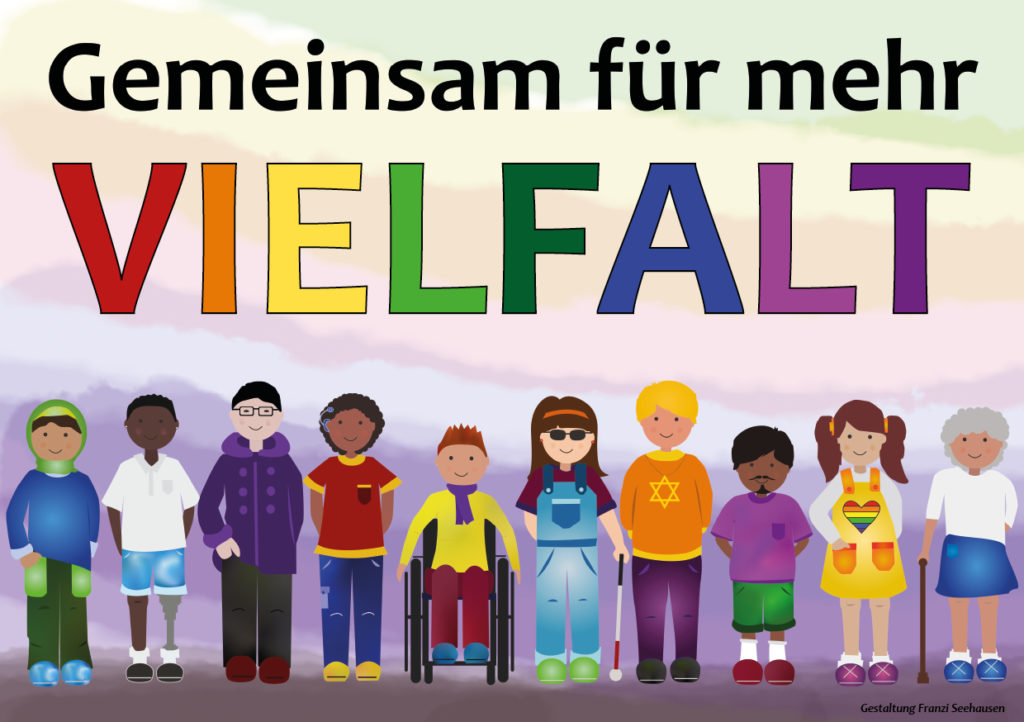 Auf dem Bild sind 10 Personen zu sehen. Alle mit verschiedenen Haut- und Haarfarben, mit und ohne Behinderungen und mit diversen Religionen, Liebesvorlieben, Identitätsdefinitionen, etc.